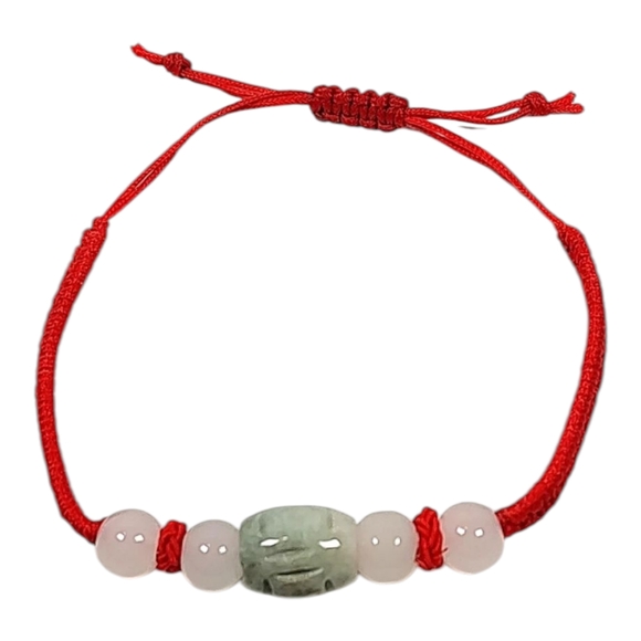 Green Jadeite Glass Beaded Slider Bracelet Red Braided Cord Size 10" Adjustable - Picture 1 of 16